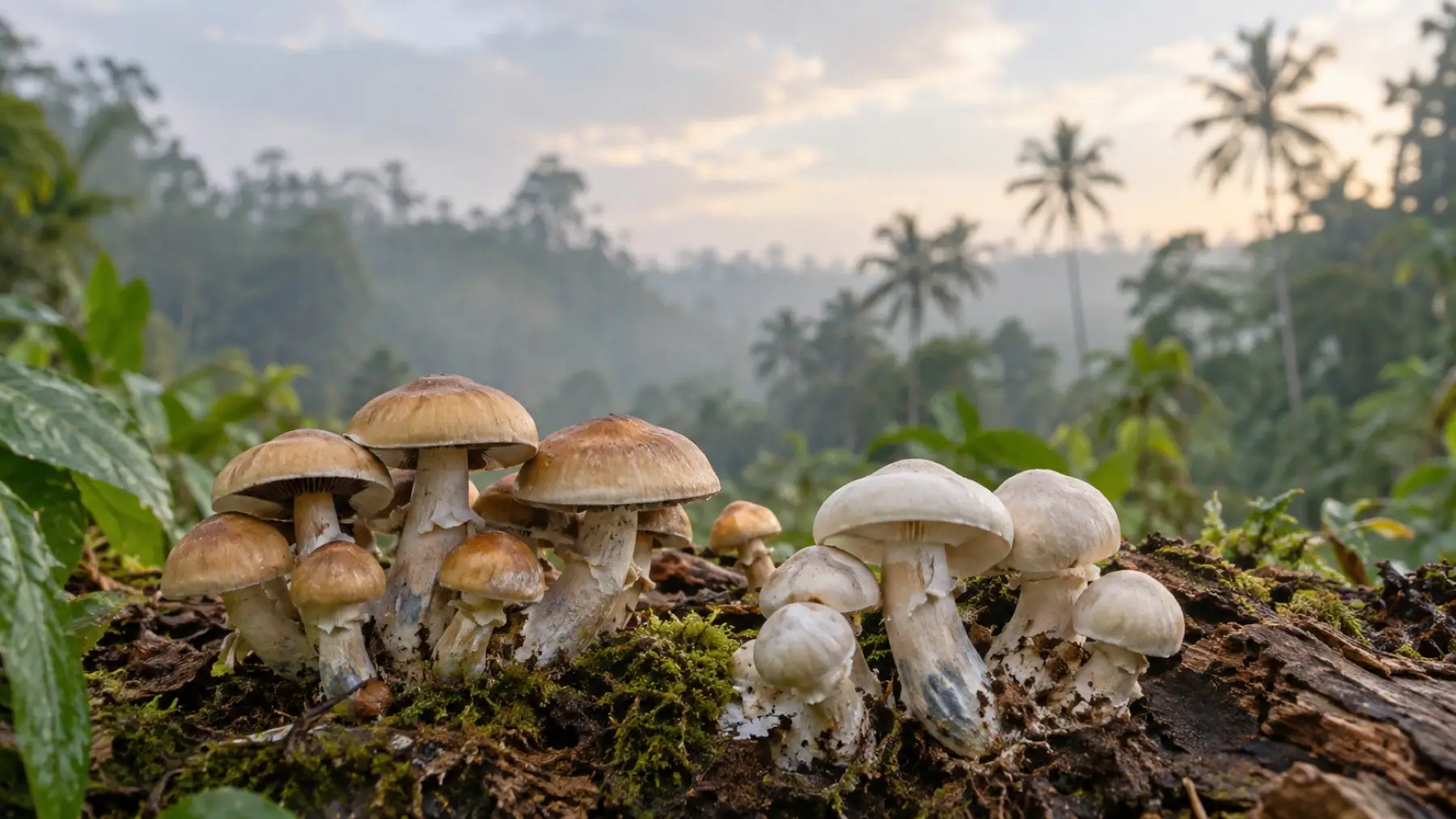 White mushrooms growing from a mossy log in a Balinese jungle