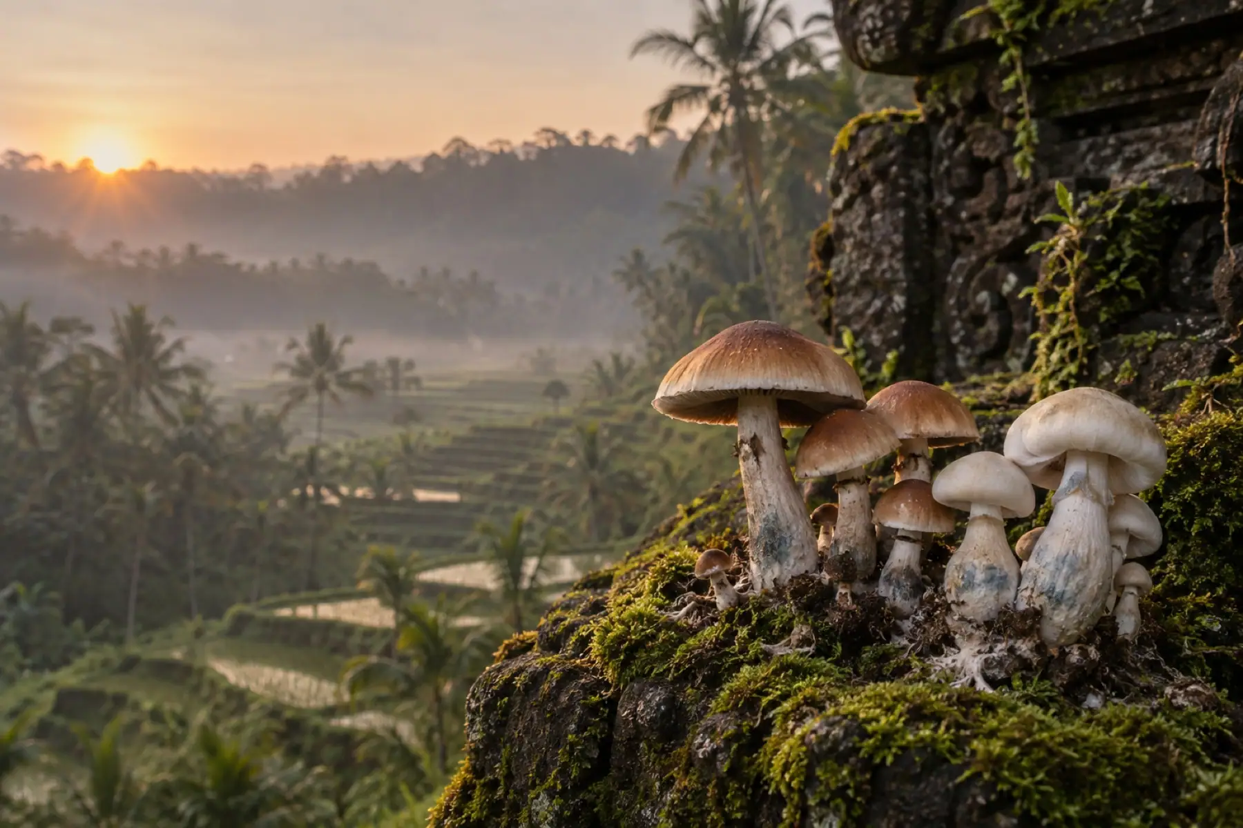 Sunrise over Bali rice terraces with glowing pastel mushrooms