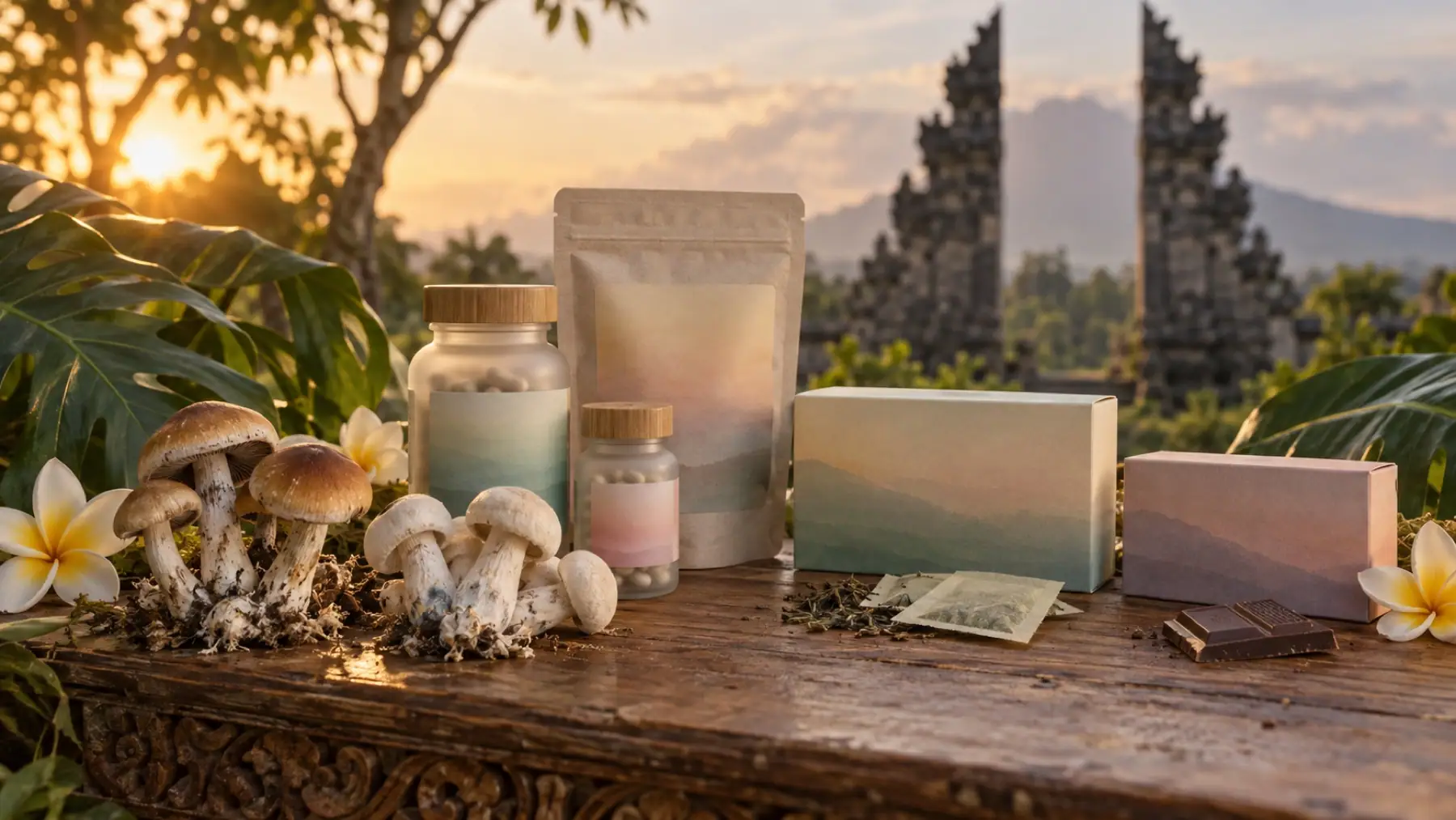 The PolkaDot collection with frangipani before a Balinese temple gate